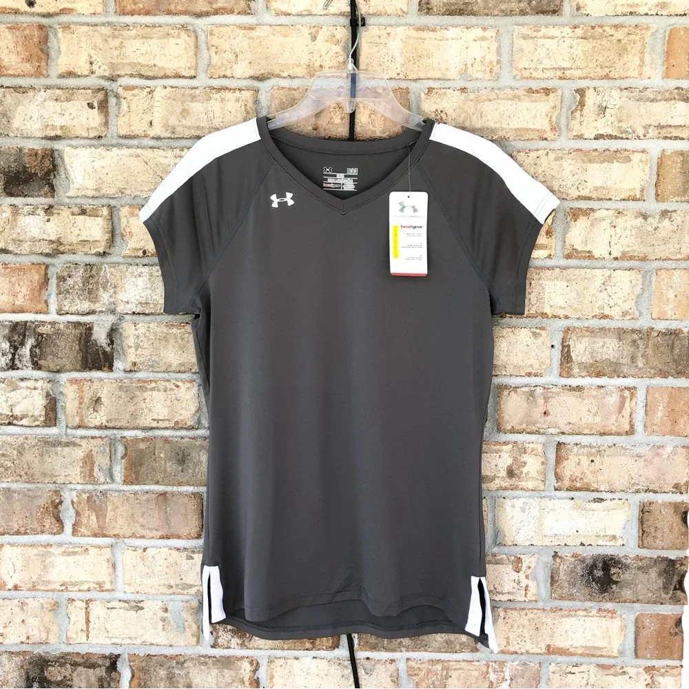 Under‎ Armour Heat Gear Gray White Short Sleeve Fitted Shirt Size L